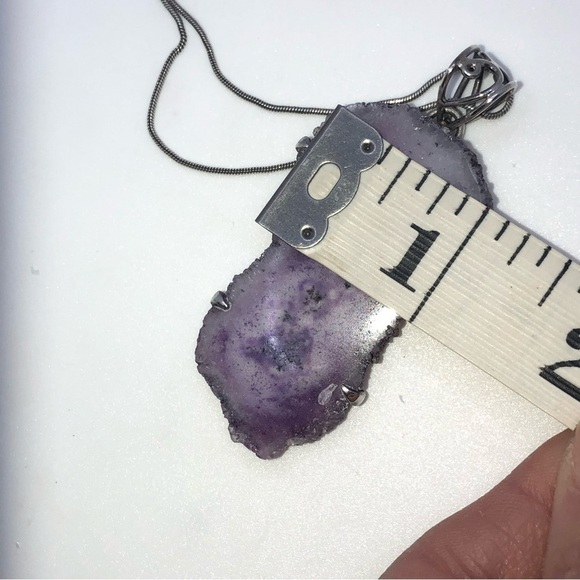 VTG Sterling Amethyst Druzy Slice Pendsnt w 925 Snake Chain 19” / 2.5” Pendant - Picture 7 of 11